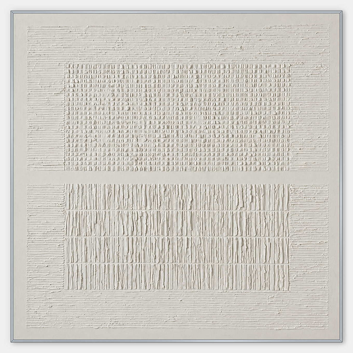 Hand-painted square ivory canvas with two fields of repeated relief marks.