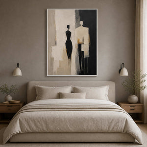 Textured figurative wall art displayed in a soft linen bedroom.