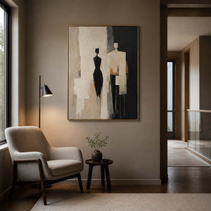 Textured figurative wall art displayed in a smoky brown reading gallery.