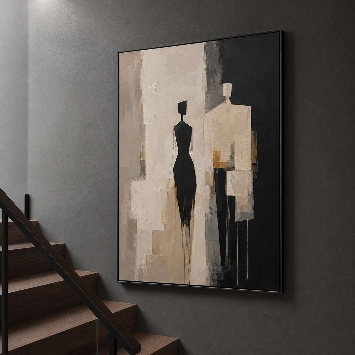 Textured figurative wall art displayed on a charcoal stair landing.
