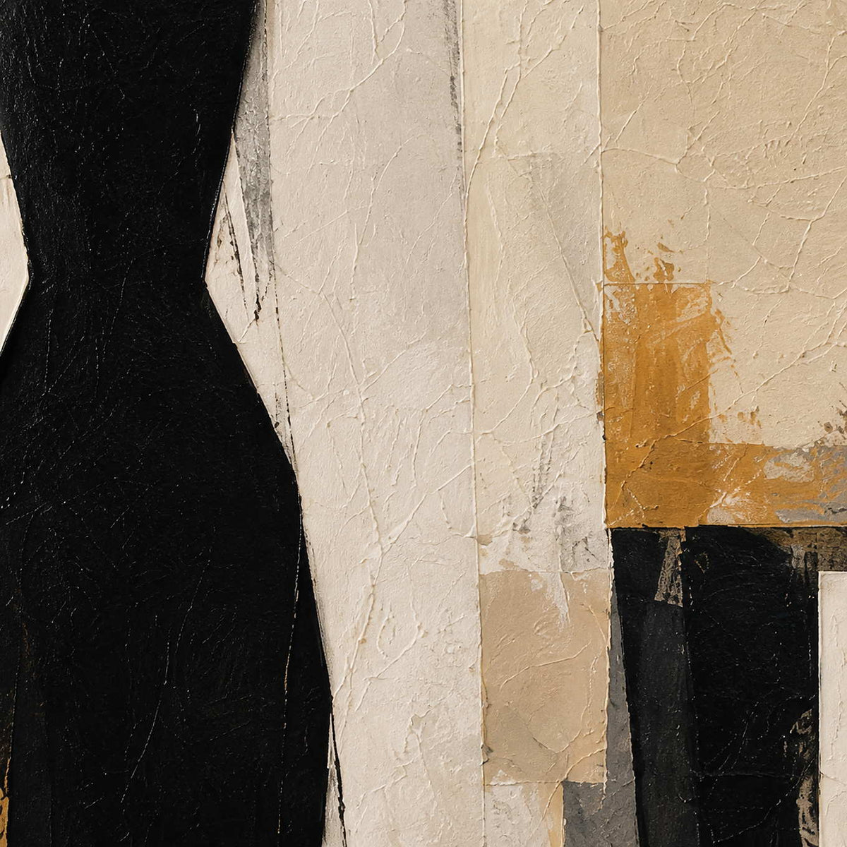Close-up of black, ivory, and muted gold palette-knife texture.