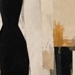 Close-up of black, ivory, and muted gold palette-knife texture.