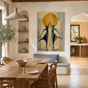 Textured figurative wall art displayed in a bright modern dining room.