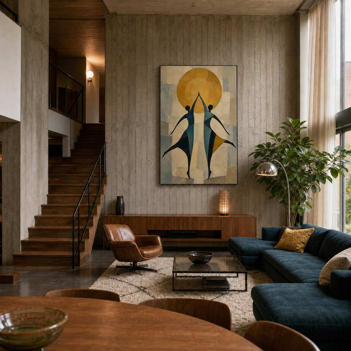 Two Figures Hold the Sun wall art in a modern living room.