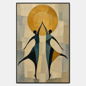 Hand-painted figurative wall art with teal figures beneath a golden sun.