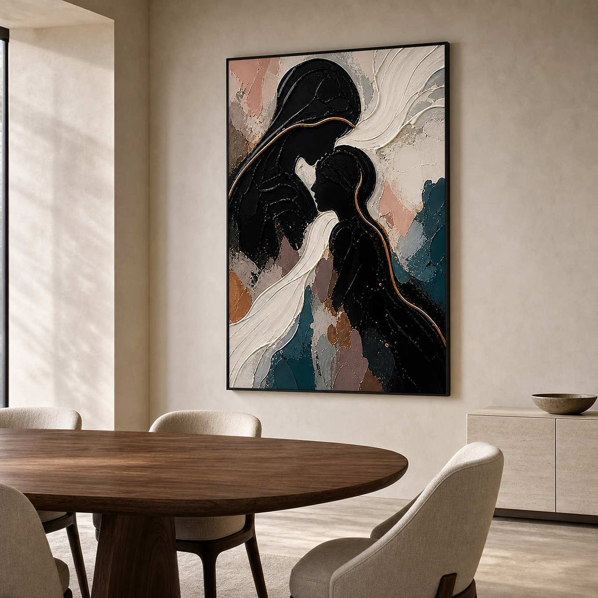 Textured Figurative Wall Art displayed in a refined dining room.