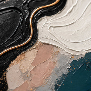 Close-up of raised hand-painted texture in black, white, and earth tones.