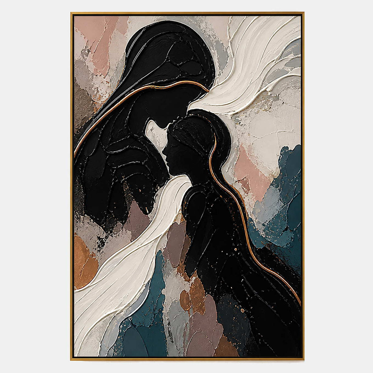 Hand-painted textured figurative wall art with black, white, and earth tones tones.