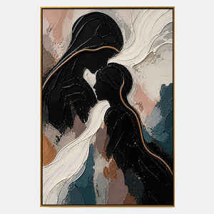 Hand-painted textured figurative wall art with black, white, and earth tones tones.