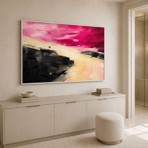 Two Figures Under a Crimson Sky in a white-framed dry bathroom