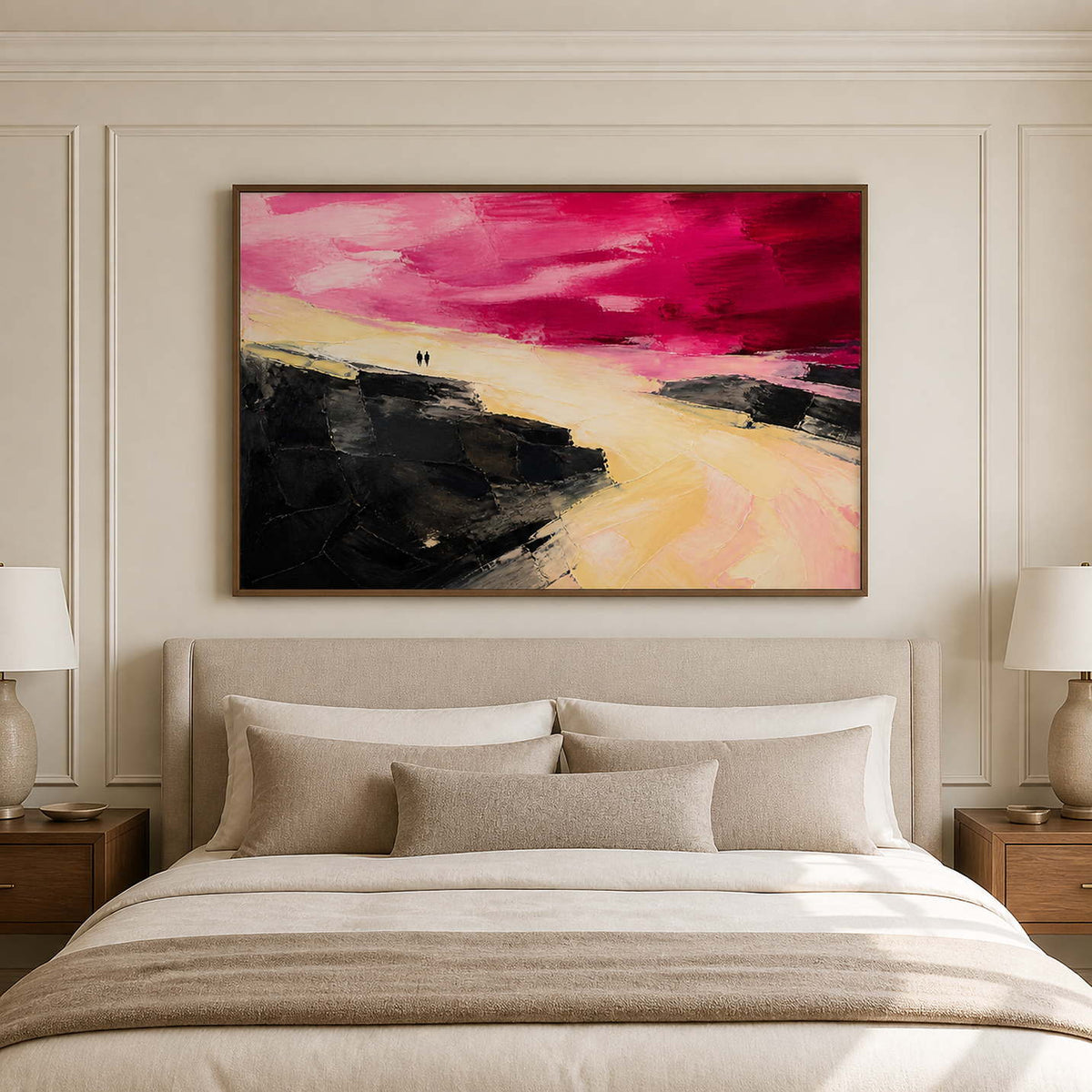 Two Figures Under a Crimson Sky in a wood-framed bedroom