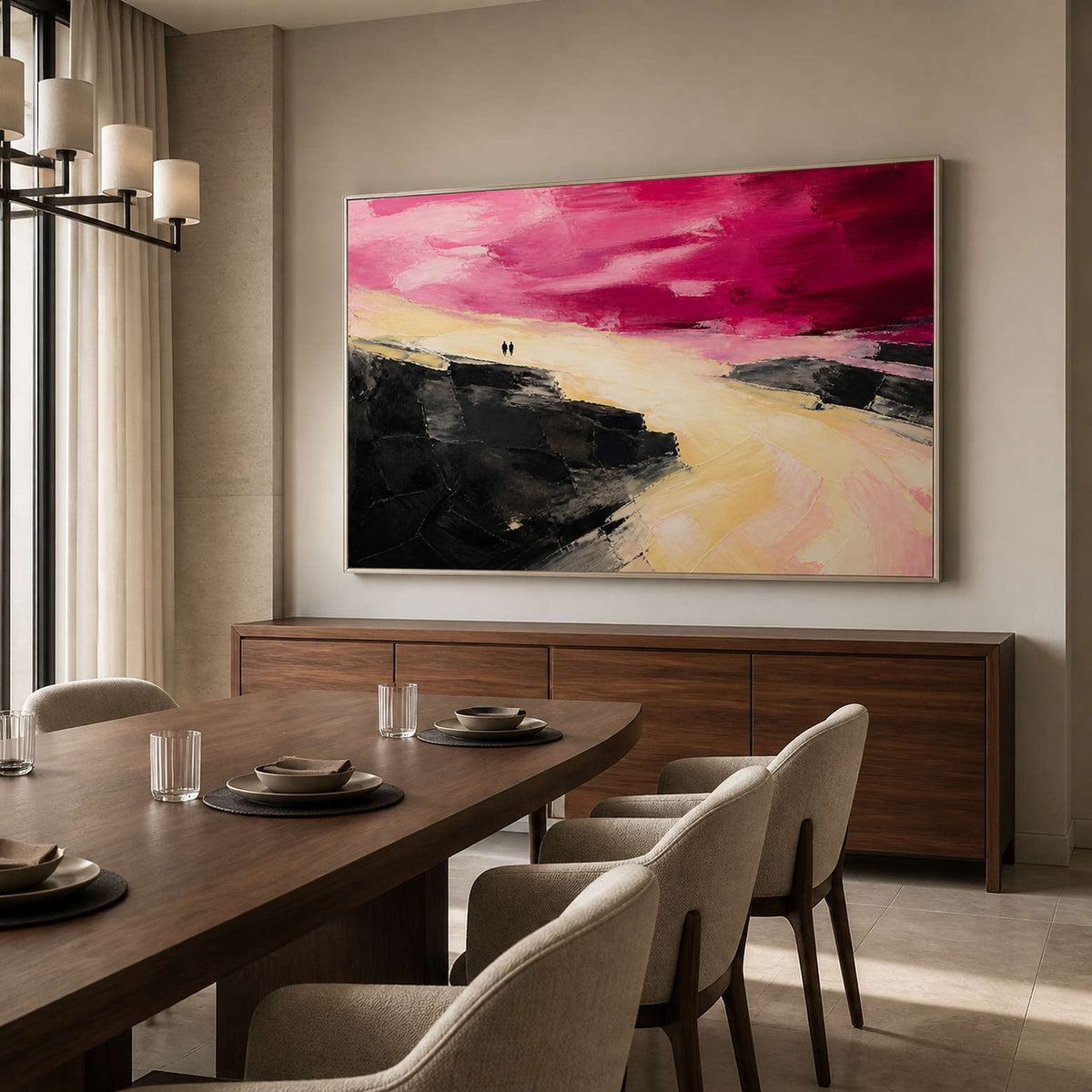 Two Figures Under a Crimson Sky in a silver-framed dining room