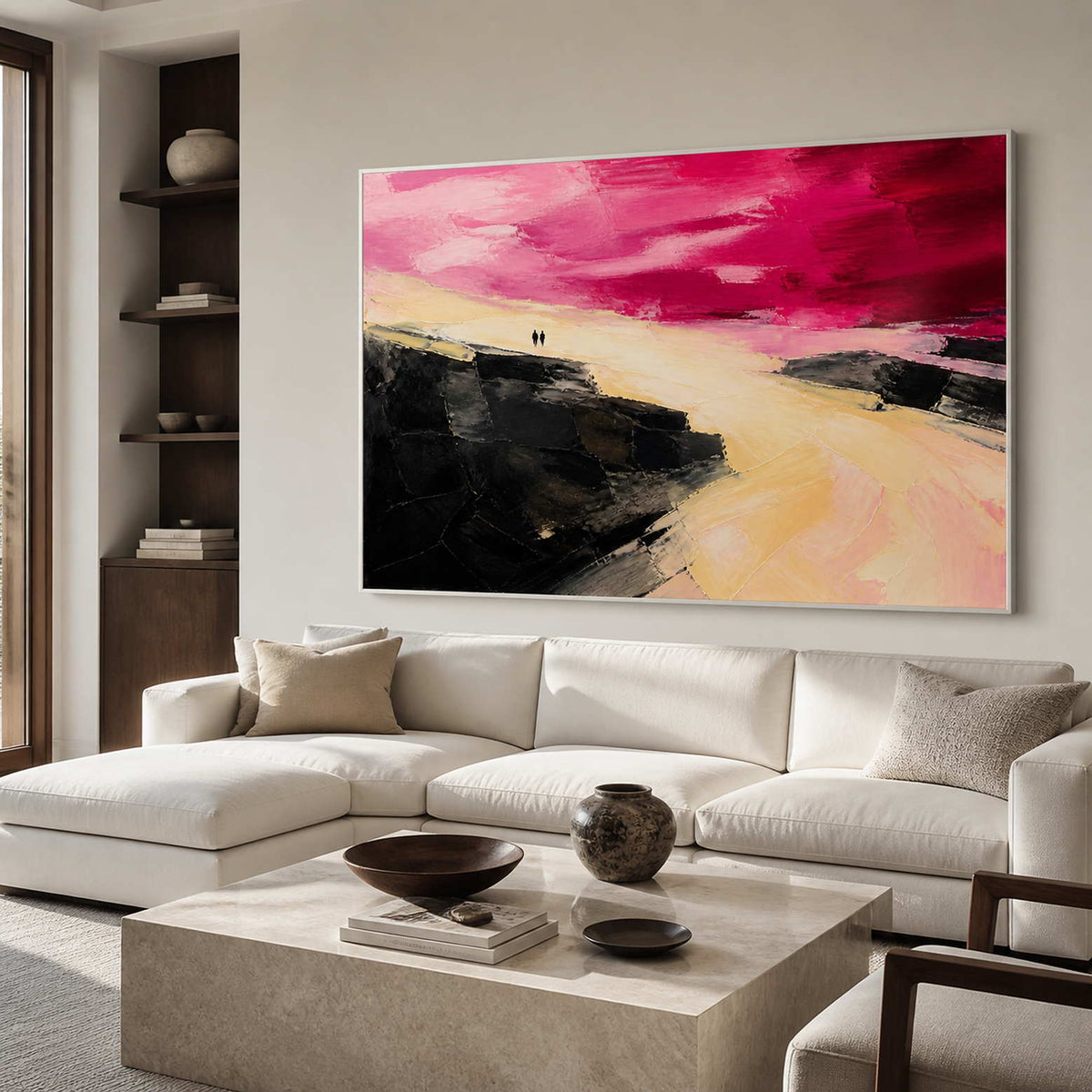 Two Figures Under a Crimson Sky in a modern living room