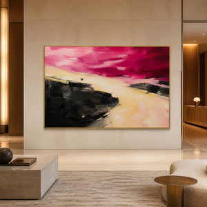 Two Figures Under a Crimson Sky in a gold-framed lobby
