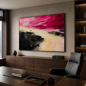 Two Figures Under a Crimson Sky in a black-framed executive office