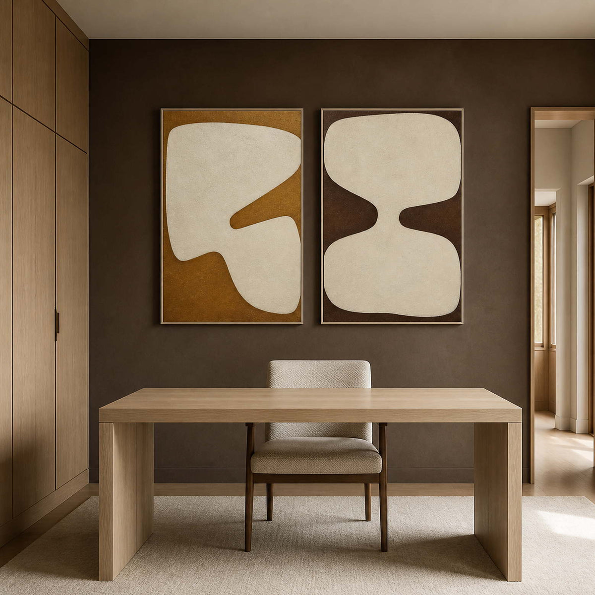 Minimalist wall art set displayed in a deep brown home office.