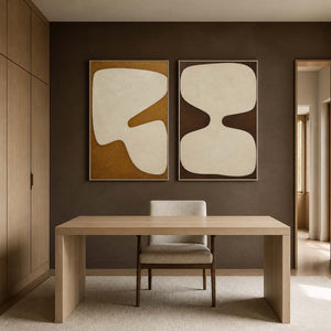 Minimalist wall art set displayed in a deep brown home office.