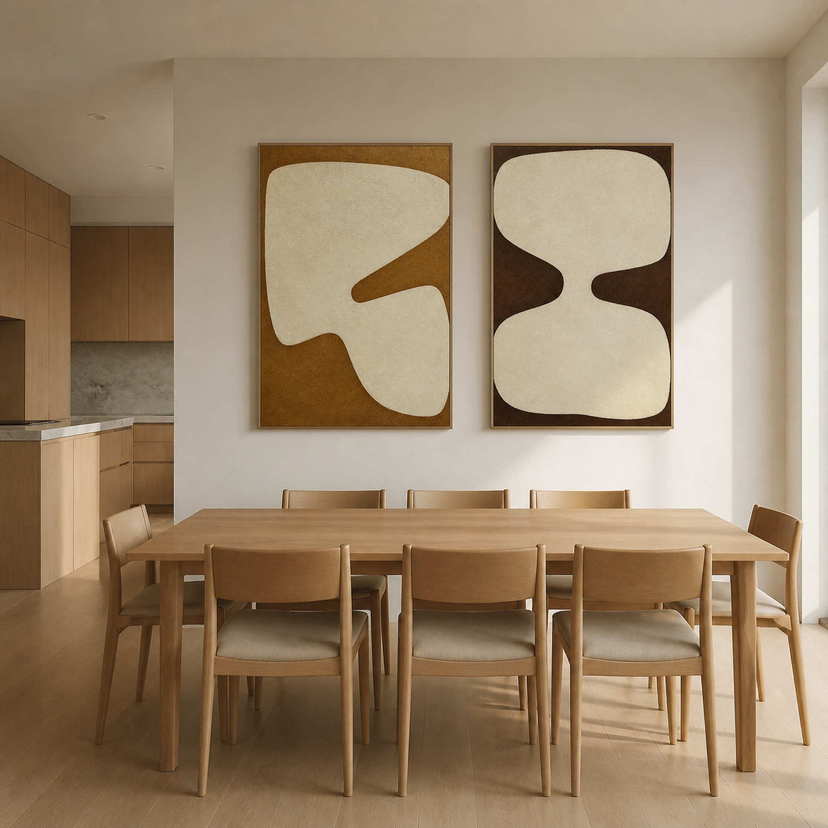 Earth-tone abstract diptych displayed above a light wood dining room.