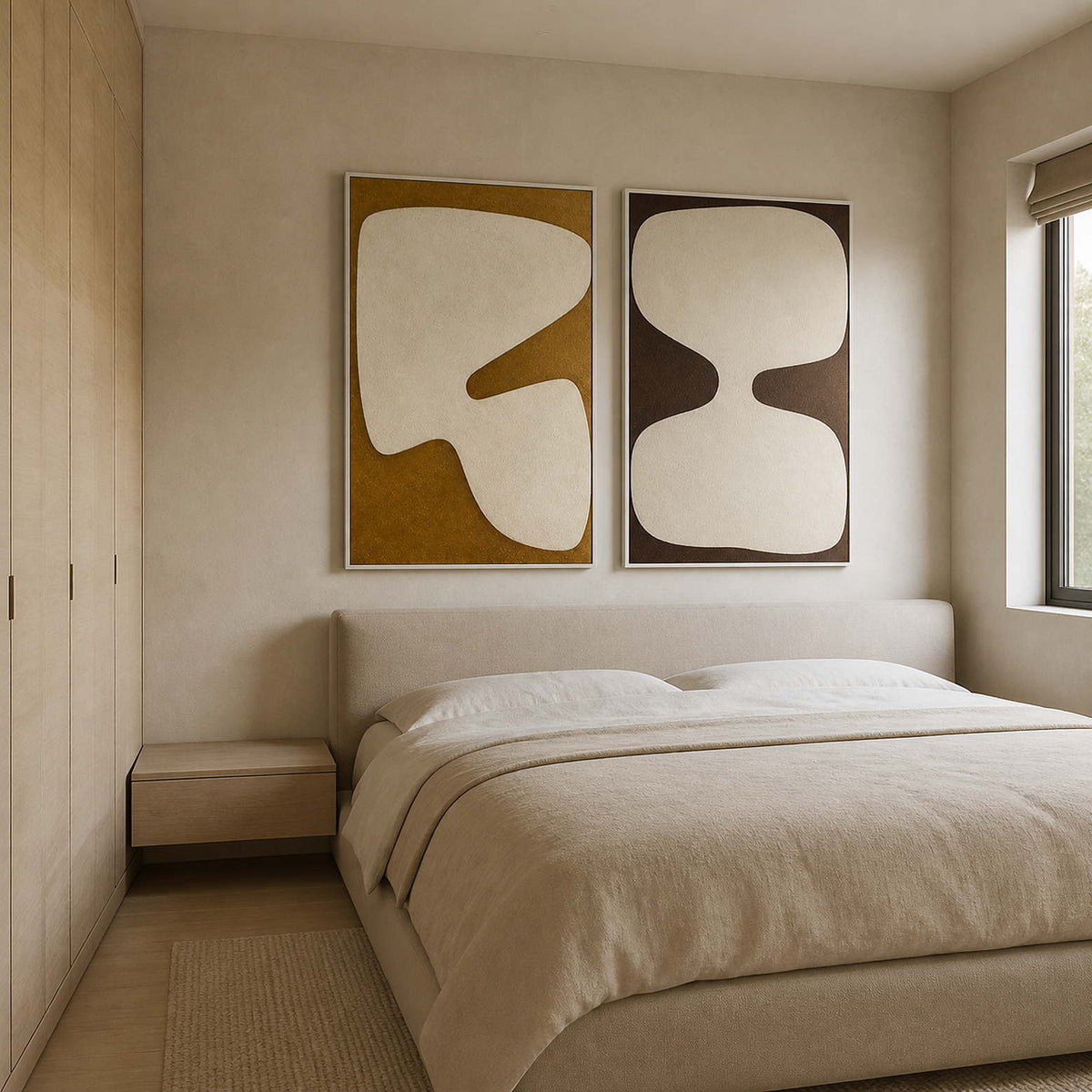 Organic ivory forms styled above a soft neutral modern bedroom.
