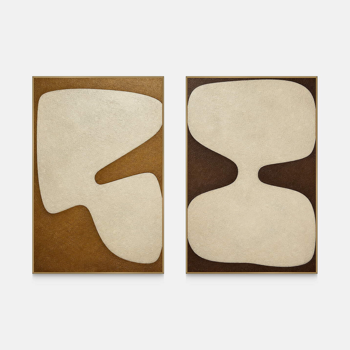 Hand-painted abstract two-panel set in ivory, ochre, and deep brown.