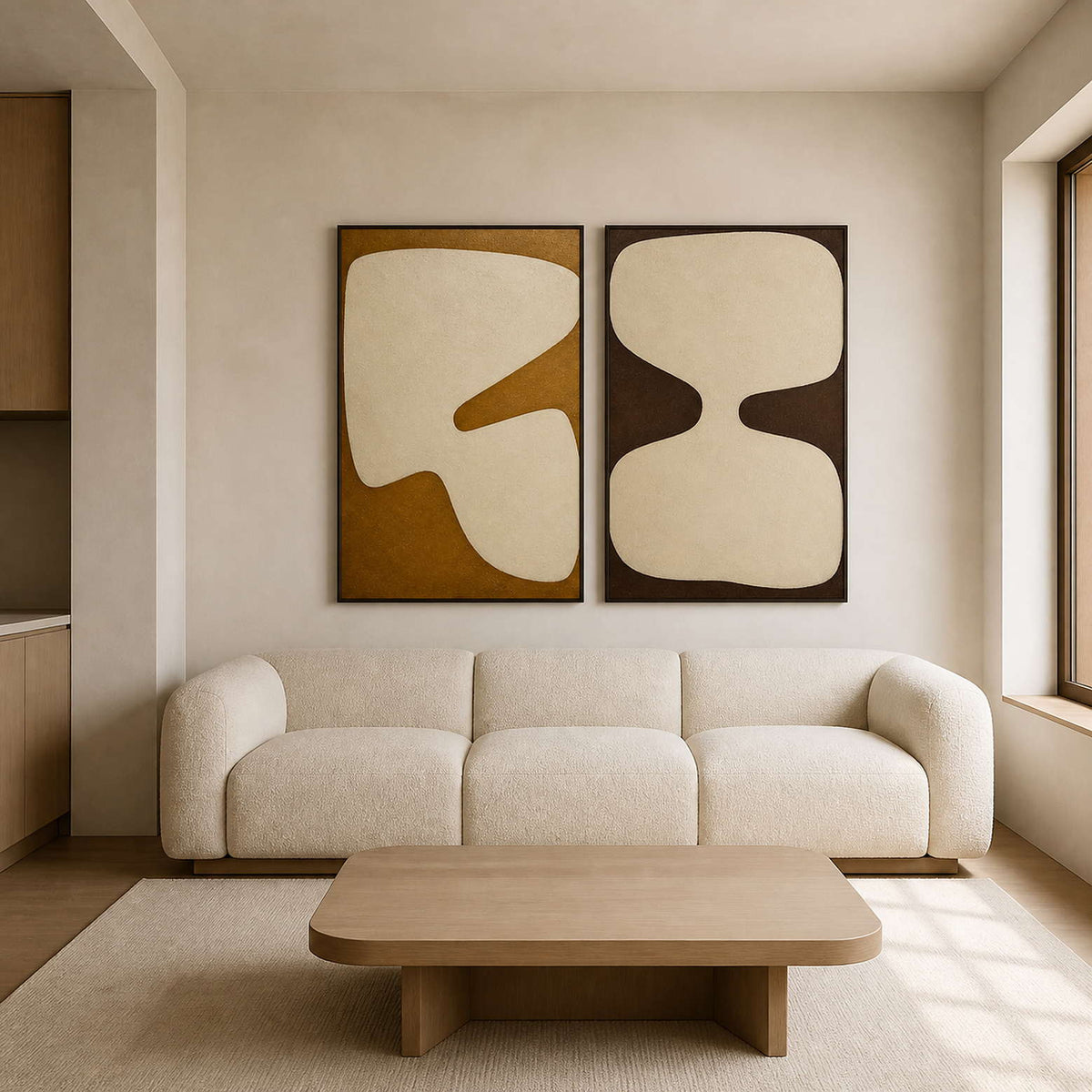 Wabi sabi wall art diptych displayed in a warm neutral living room.