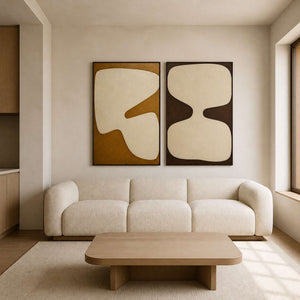 Wabi sabi wall art diptych displayed in a warm neutral living room.