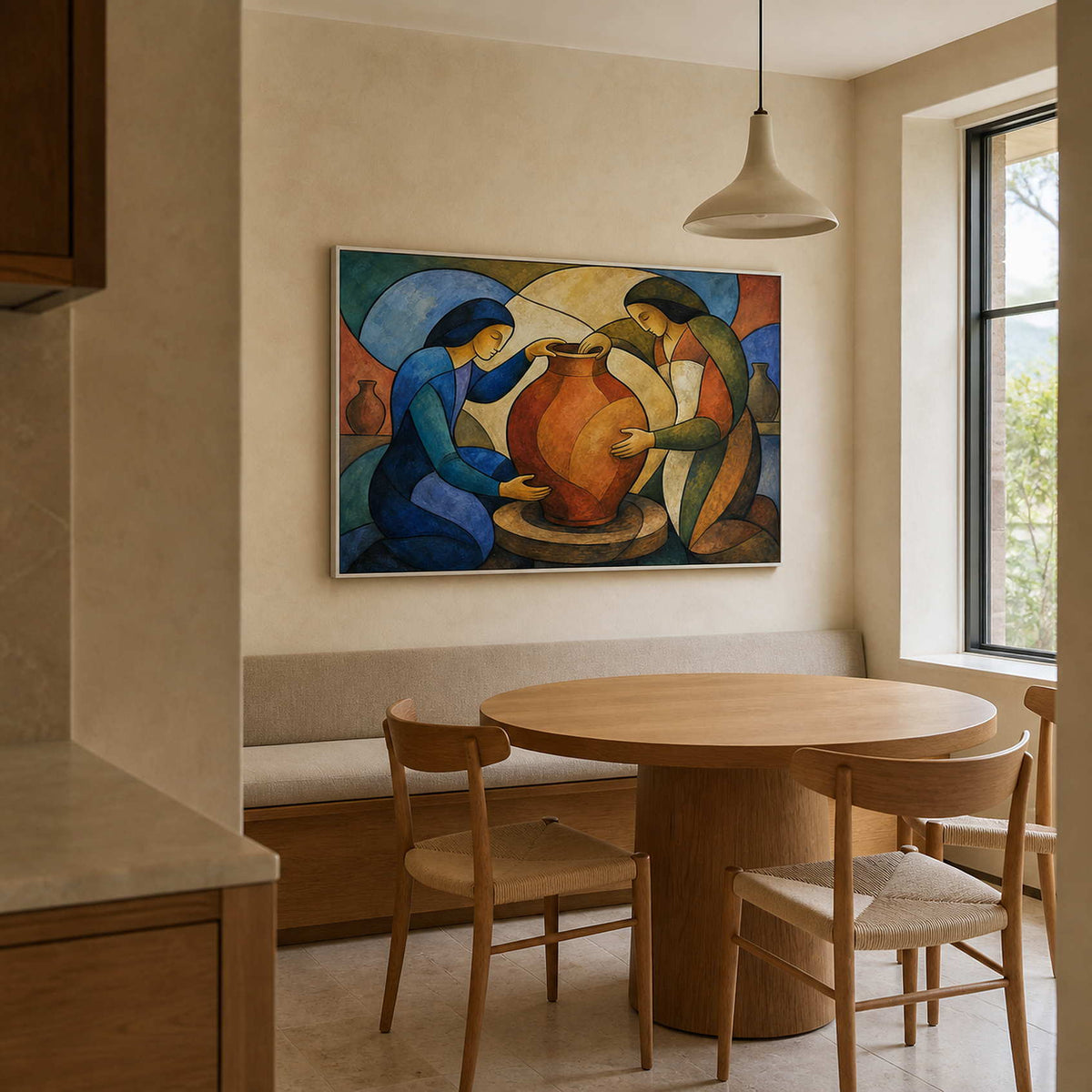 Colorful pottery wall art displayed in a bright family breakfast area.