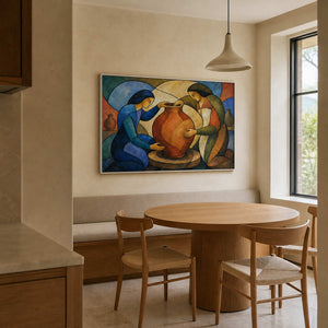 Colorful pottery wall art displayed in a bright family breakfast area.