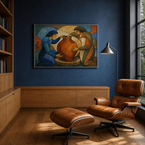 Modern craft-inspired wall art displayed in a deep blue family reading room.