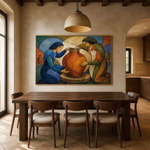 Modern pottery wall art displayed in a warm gray Mediterranean dining room.