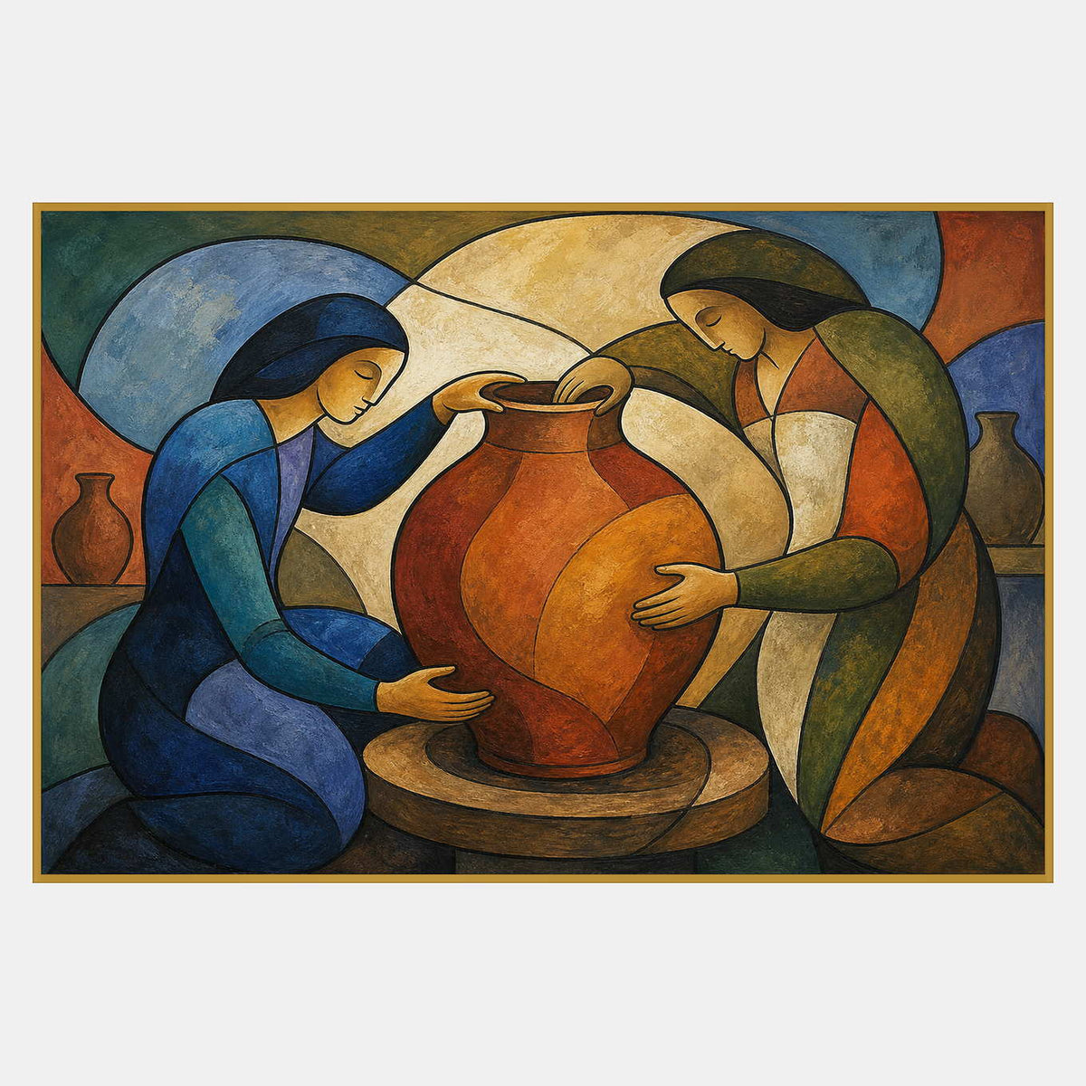 Hand-painted figurative pottery artwork with two makers shaping a terracotta vessel.
