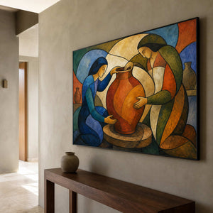 Modern pottery artwork displayed in an olive-gray residential hallway.