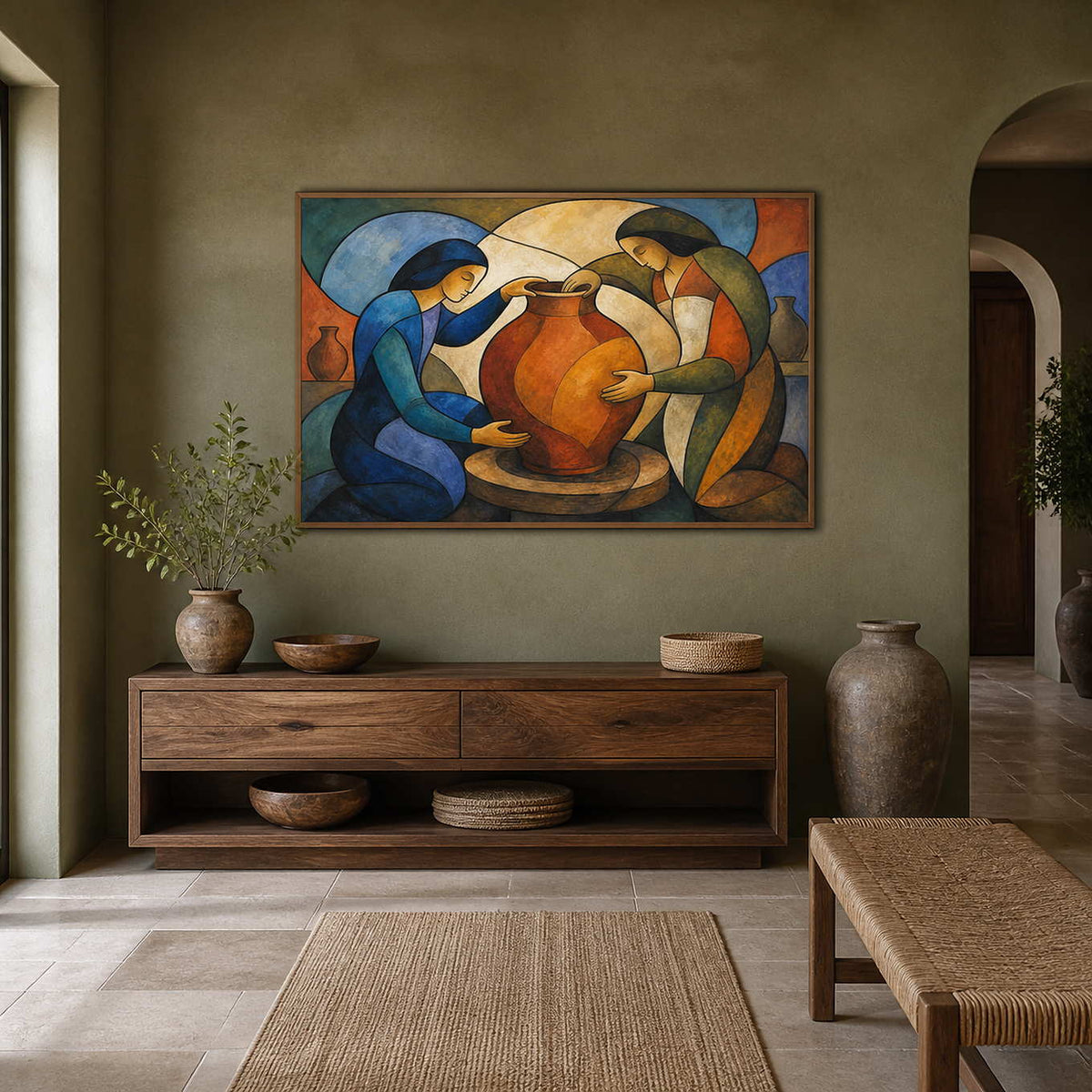 Modern figurative pottery artwork displayed in a natural rustic entryway.