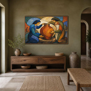 Modern figurative pottery artwork displayed in a natural rustic entryway.