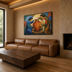 Terracotta and blue pottery artwork displayed in a warm family living room.