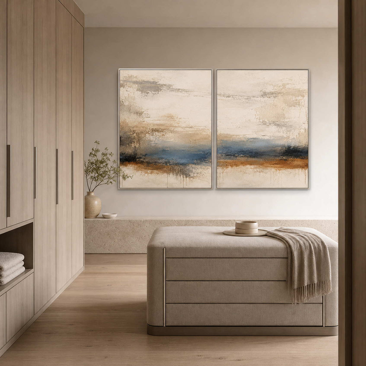 Wabi-Sabi Abstract Art Set displayed in a refined bathroom.