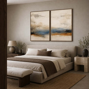 Wabi-Sabi Abstract Art Set displayed in a refined bedroom.