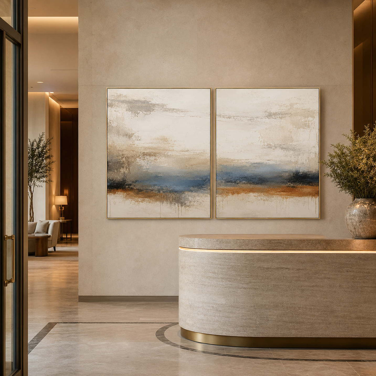 Wabi-Sabi Abstract Art Set displayed in a refined hospitality.