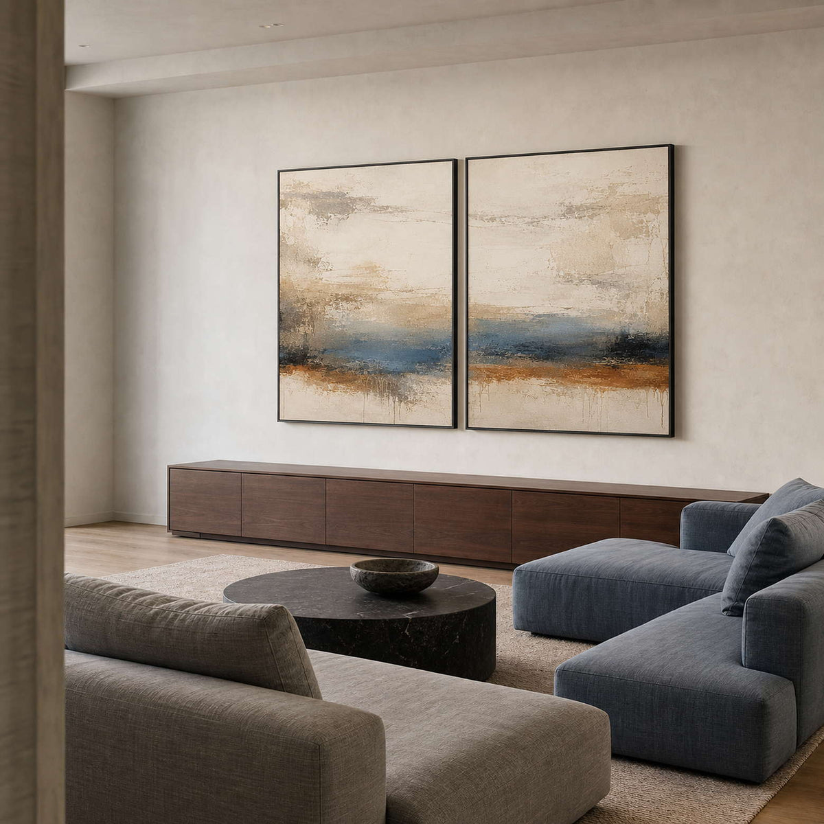 Wabi-Sabi Abstract Art Set displayed in a refined living room.