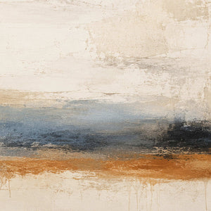 Close-up of raised hand-painted texture in neutral, blue, and earth tones.