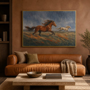 Earth-toned horse painting displayed above a caramel leather sofa.