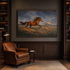 Textured horse painting displayed in a dark wood home study.