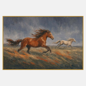Hand-painted scene of chestnut and pale horses running across open ground.