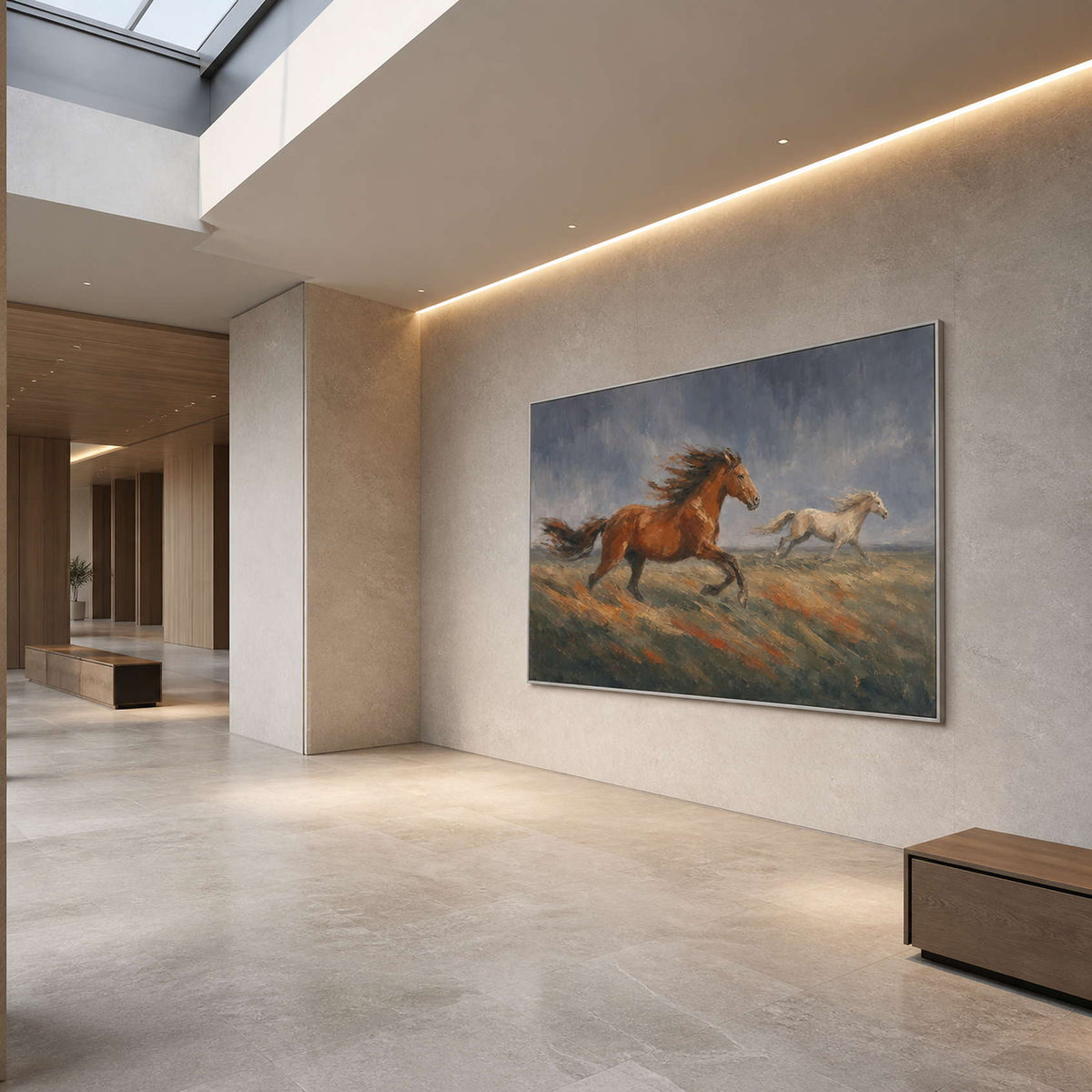 Running horse wall art displayed in a limestone hotel corridor.