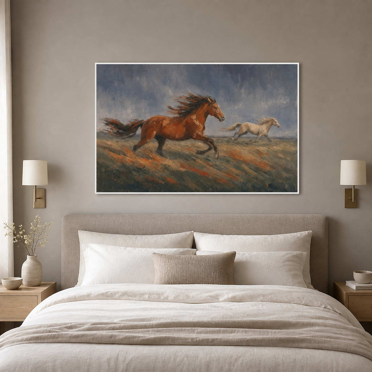 Expressive equestrian canvas displayed above an ivory bedroom.