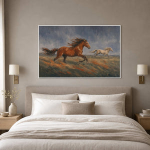 Expressive equestrian canvas displayed above an ivory bedroom.
