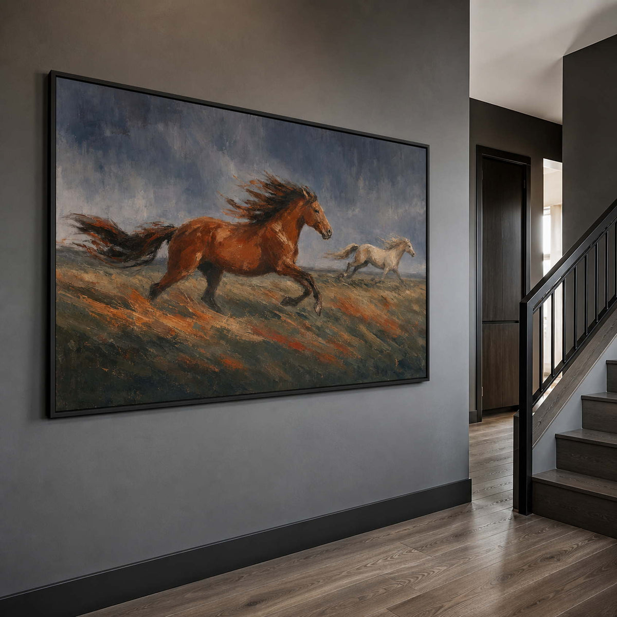 Textured equestrian artwork viewed from the side on a stair landing.