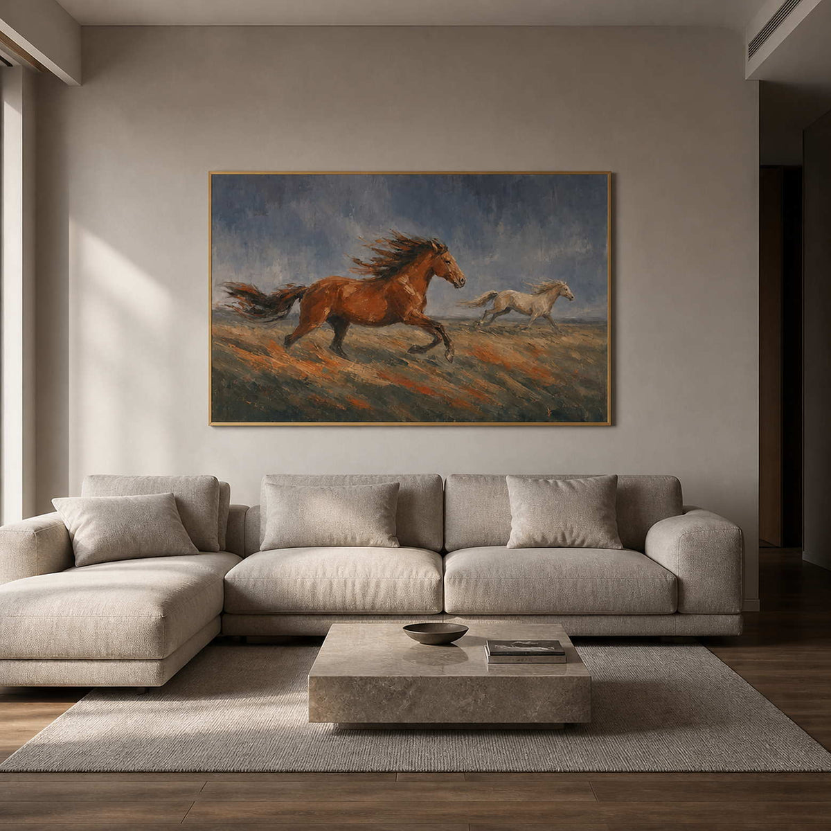 Equestrian wall art displayed in a warm gray modern living room.