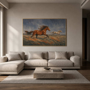 Equestrian wall art displayed in a warm gray modern living room.