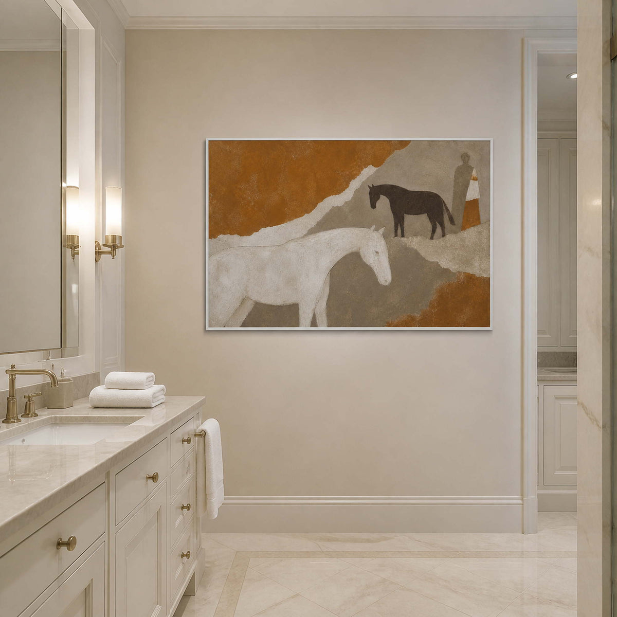 Ochre and ivory horse wall art in a white bathroom setting.